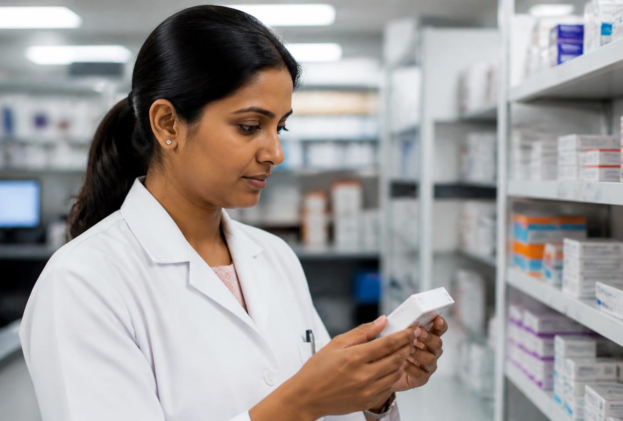 A hospital pharmacist checking a medication against local formulary guidance